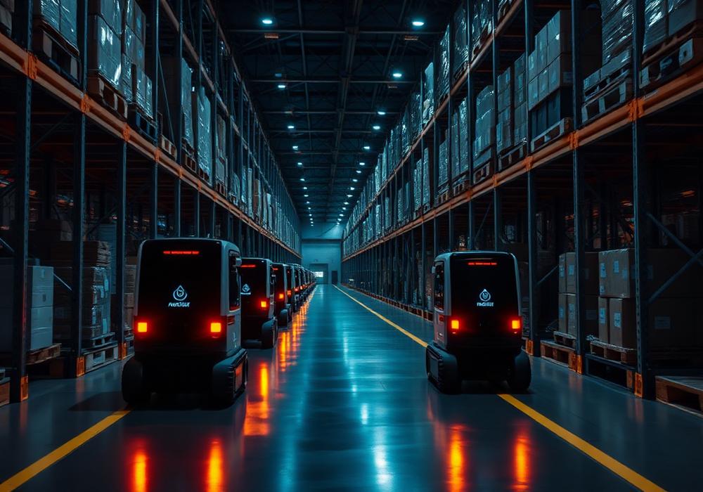 Mobile robots moving along a warehouse aisle at night