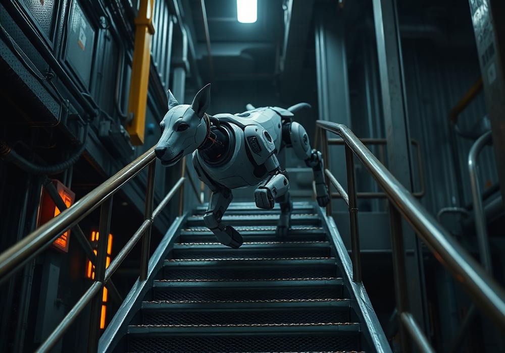 A four-legged robot climbing metal stairs inside an industrial facility