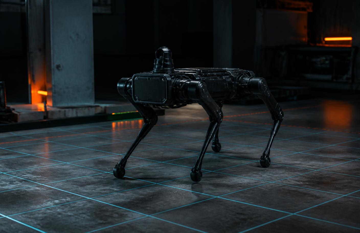 A four-legged robot standing on a concrete laboratory floor lit by cyan grid lines